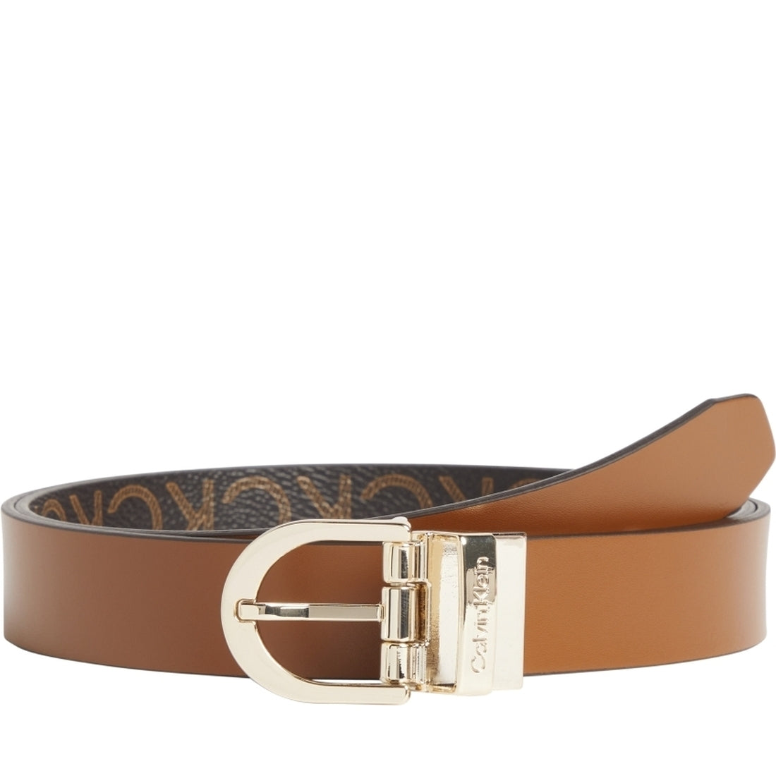 Calvin Klein womens Cognac Brown Mono ck must rd buckle rev 2.5 belt | Vilbury London