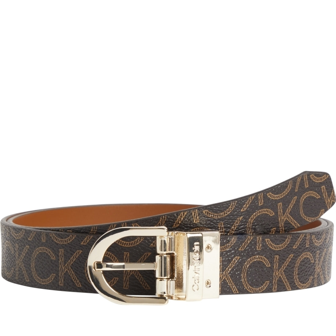 Calvin Klein womens Cognac Brown Mono ck must rd buckle rev 2.5 belt | Vilbury London