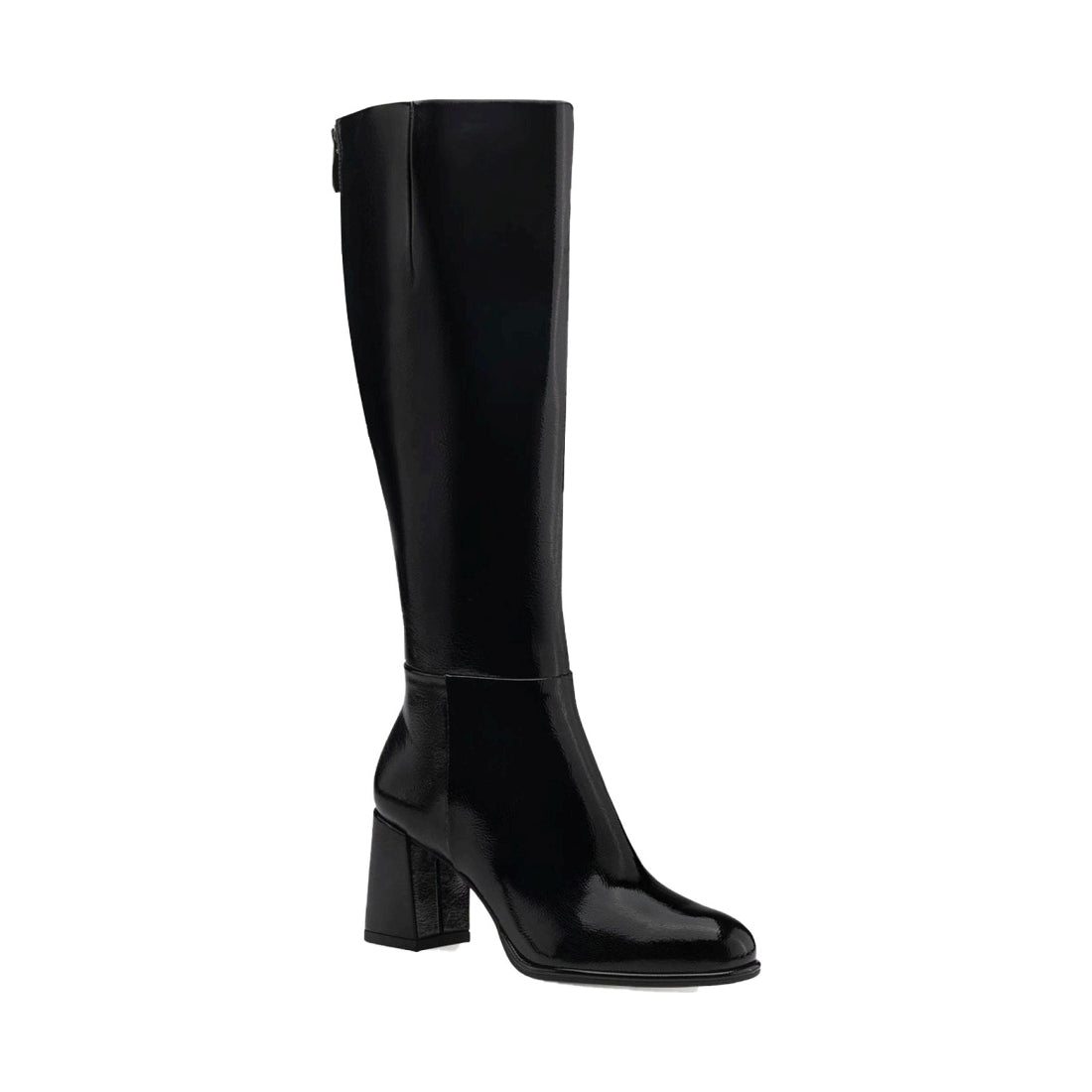 black patent elegant closed long heeled boot