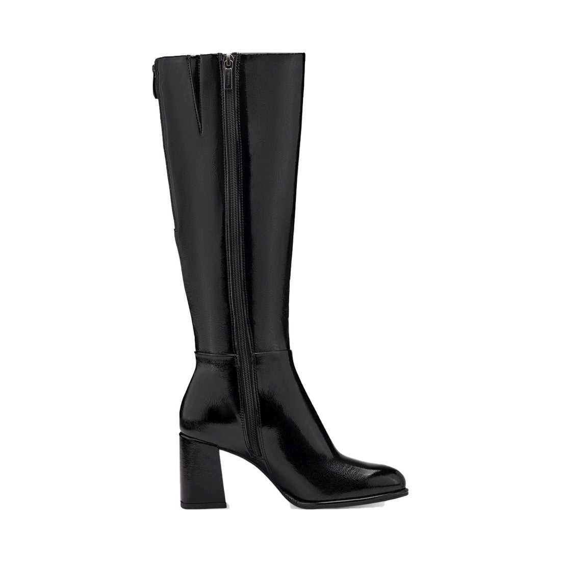 black patent elegant closed long heeled boot