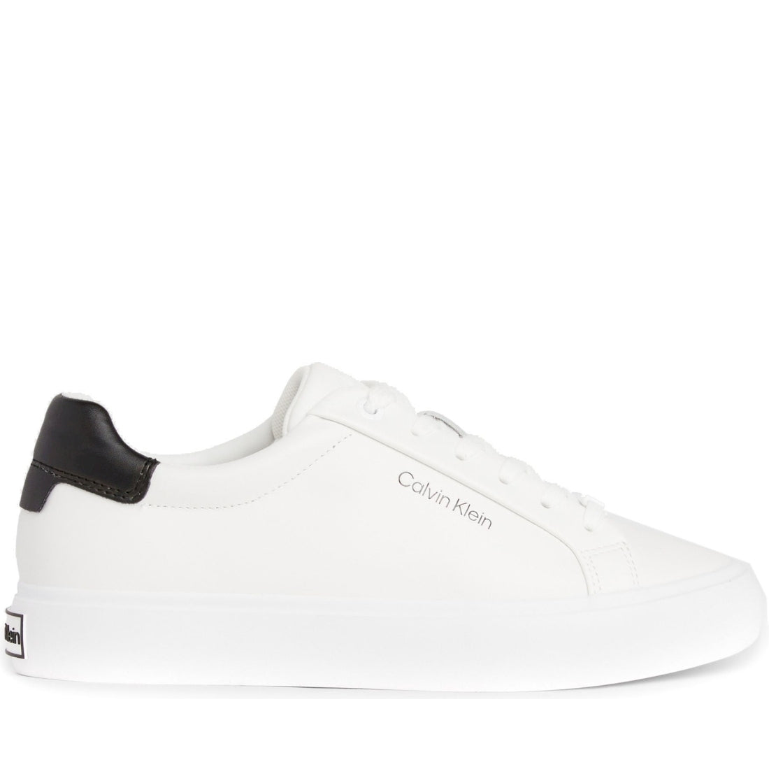 Calvin Klein womens white, black vulcanized lace up leisure trainers | Vilbury London