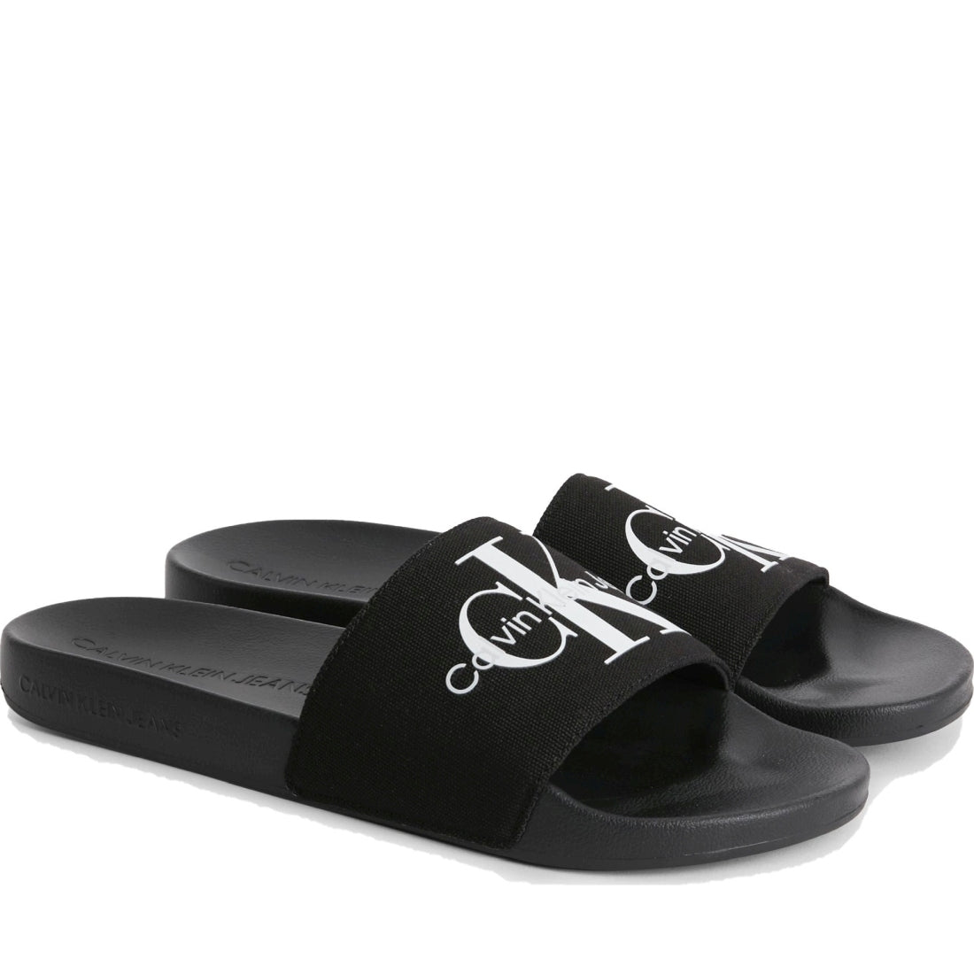 Calvin Klein Jeans mens black, bright white slide monogram | Vilbury London