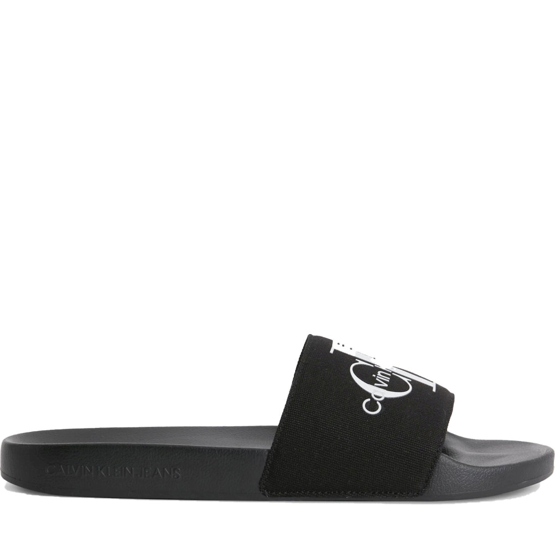 Calvin Klein Jeans mens black, bright white slide monogram | Vilbury London