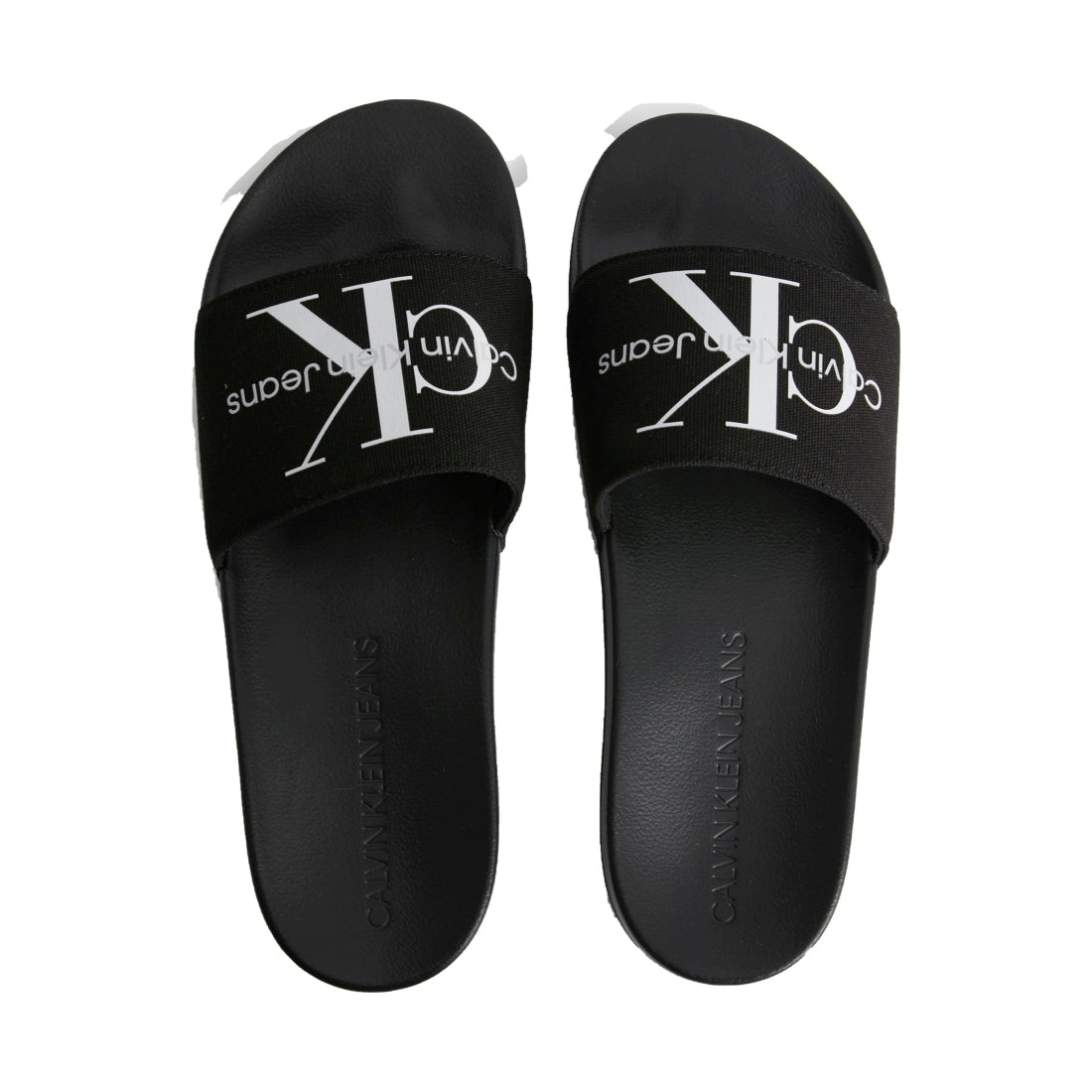 Calvin Klein Jeans mens black, bright white slide monogram | Vilbury London