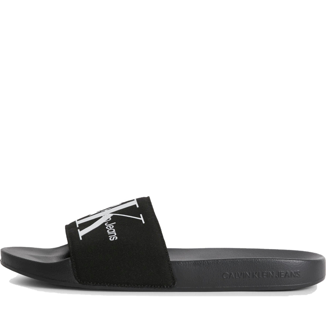 Calvin Klein Jeans mens black, bright white slide monogram | Vilbury London