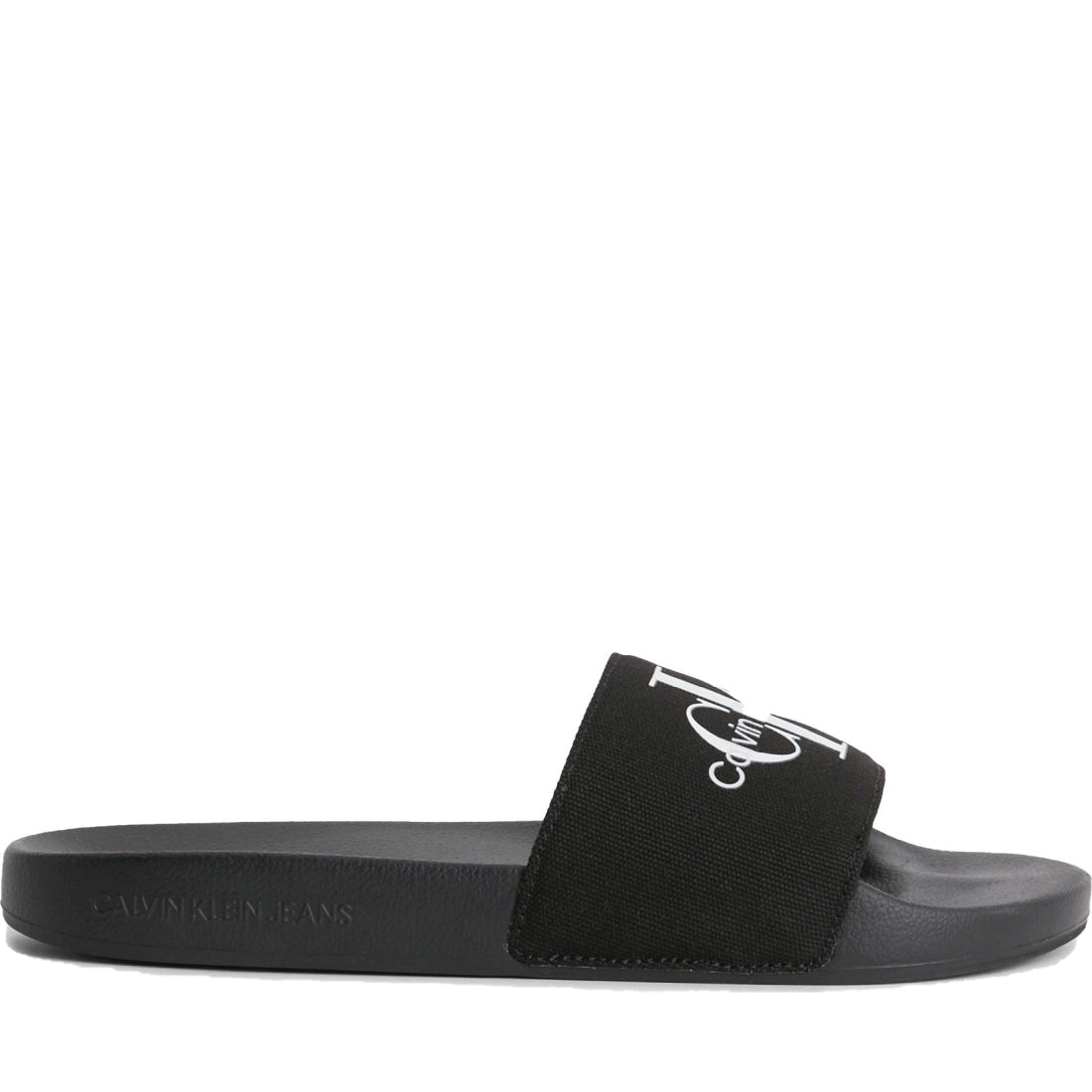 Calvin Klein Jeans womens black, bright white slide monogram | Vilbury London