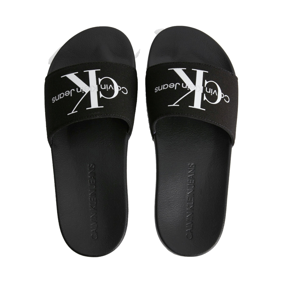 Calvin Klein Jeans womens black, bright white slide monogram | Vilbury London