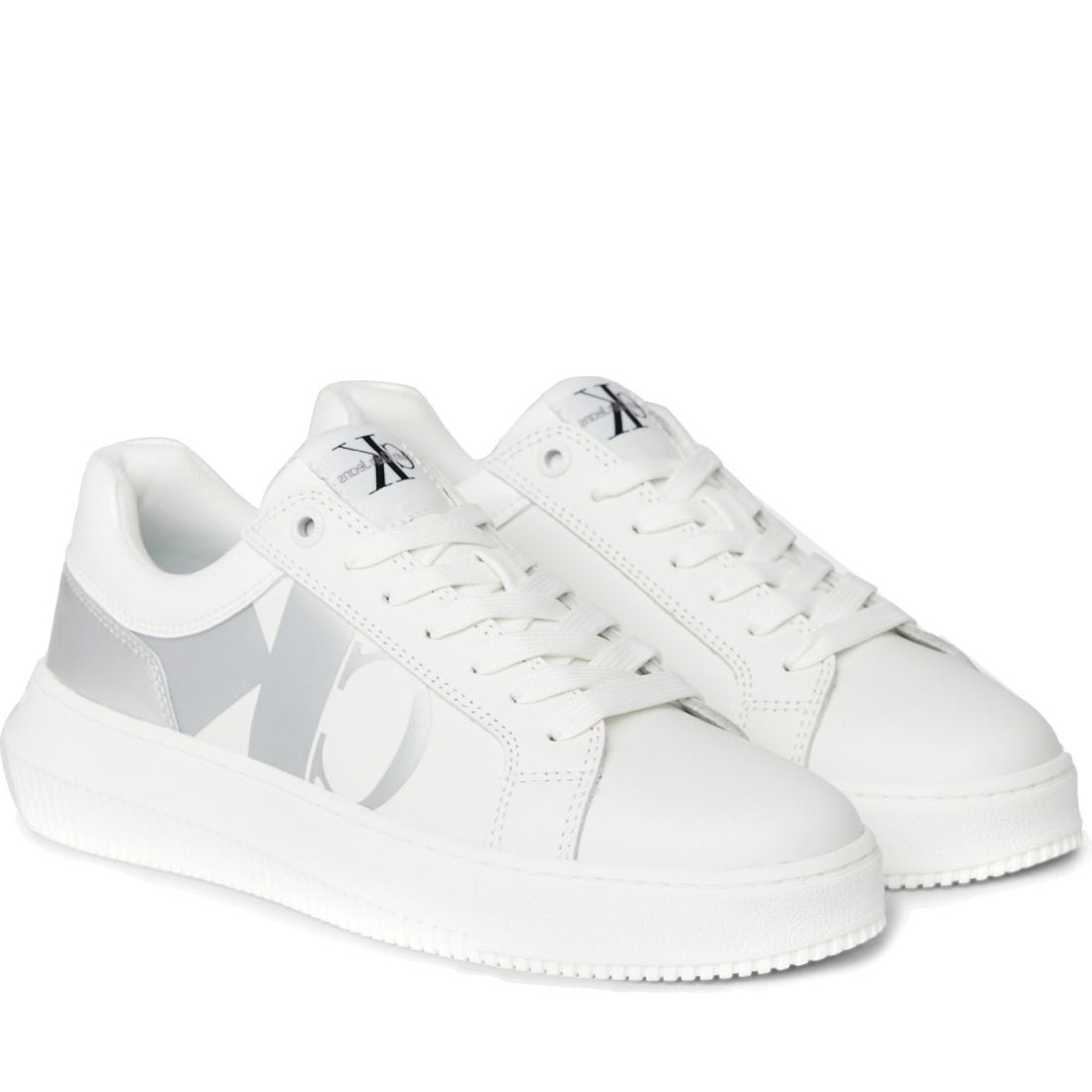 Calvin Klein Jeans womens bright white, silver chunky cupsole low leisure trainers | Vilbury London