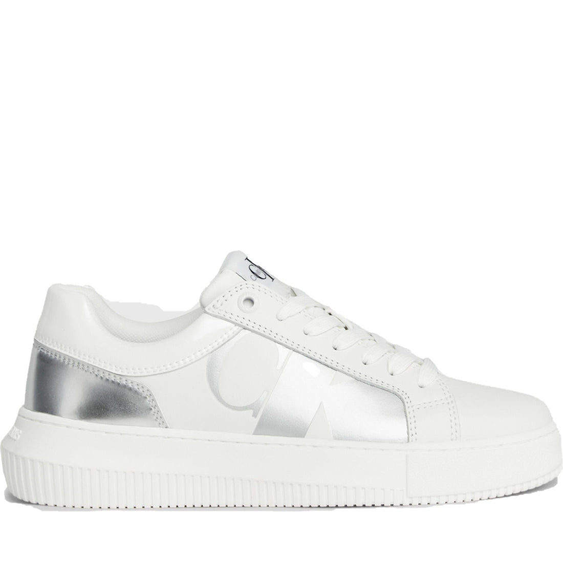 Calvin Klein Jeans womens bright white, silver chunky cupsole low leisure trainers | Vilbury London