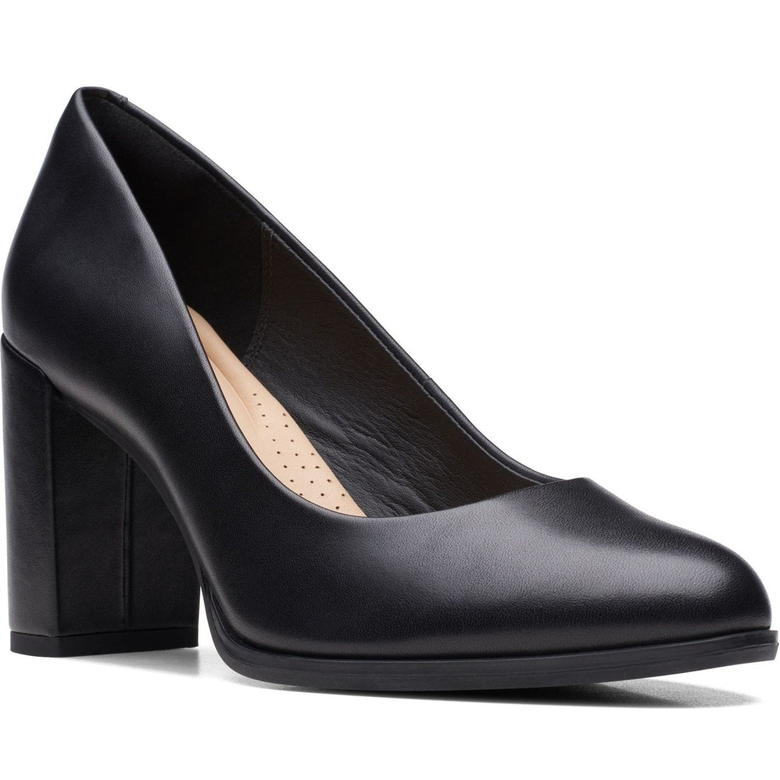 Clarks womens 1216 black leather freva85 court pumps | Vilbury London