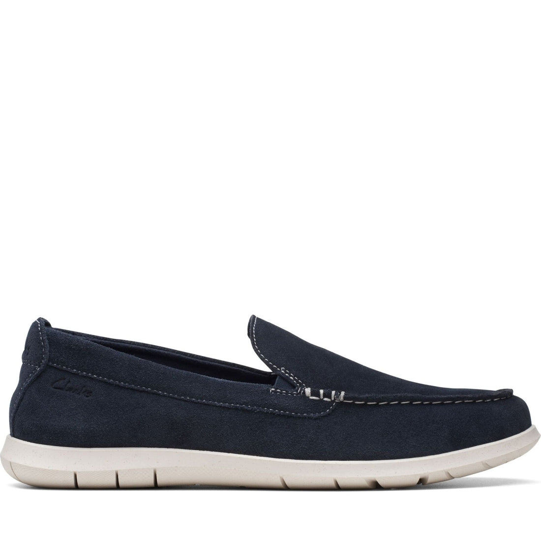 Clarks mens 2250 navy suede flexway step mocasins | Vilbury London