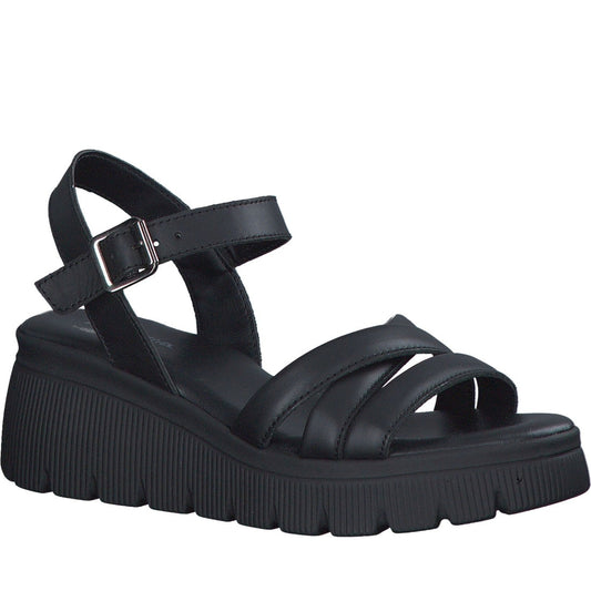 s.Oliver womens black leather casual open sandals | Vilbury London