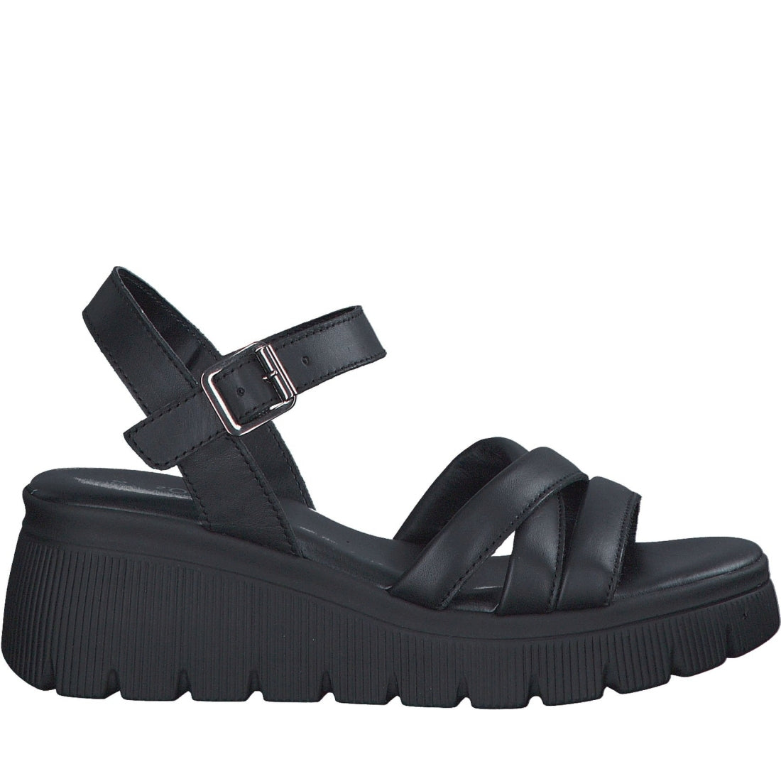 s.Oliver womens black leather casual open sandals | Vilbury London