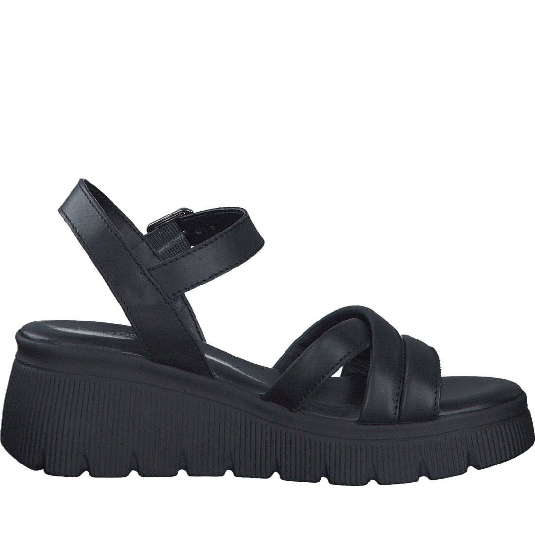 s.Oliver womens black leather casual open sandals | Vilbury London