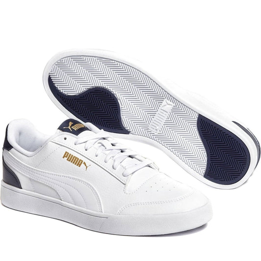 Puma mens white peacoat gold shuffle leisure trainers | Vilbury London