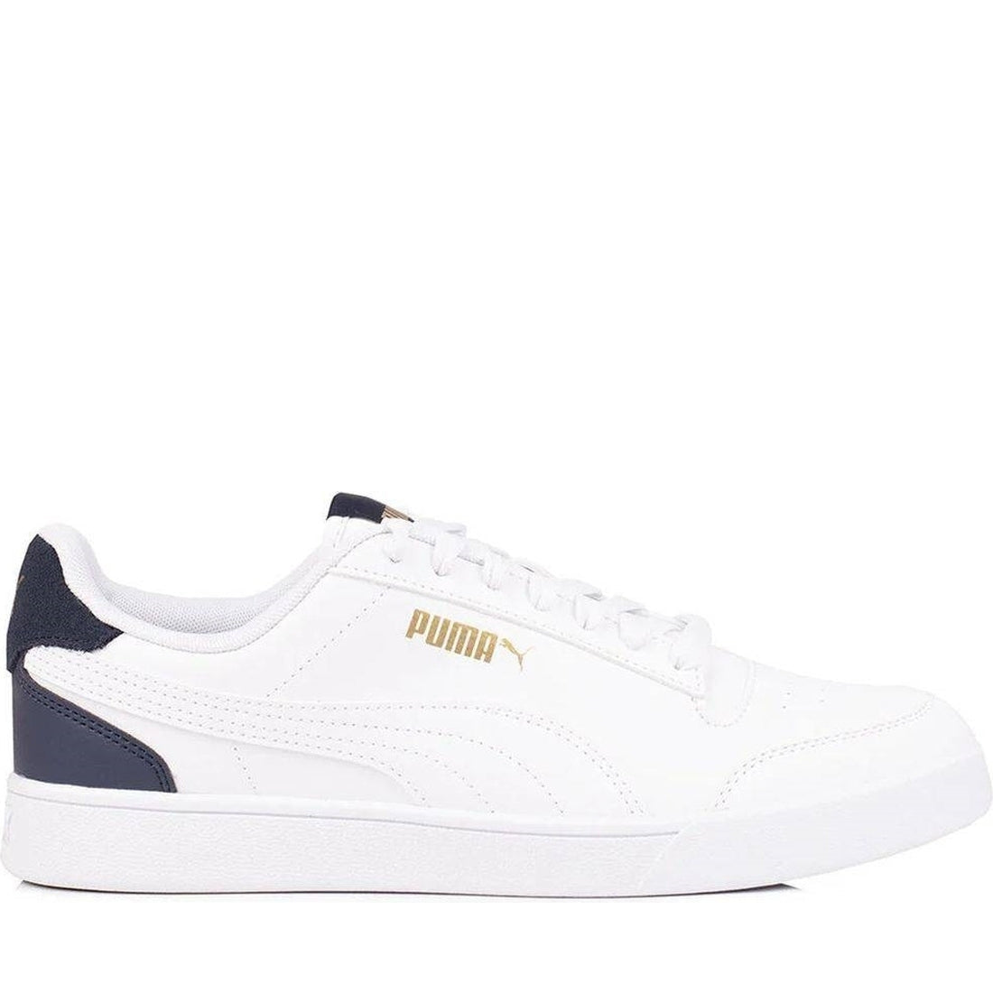 Puma mens white peacoat gold shuffle leisure trainers | Vilbury London