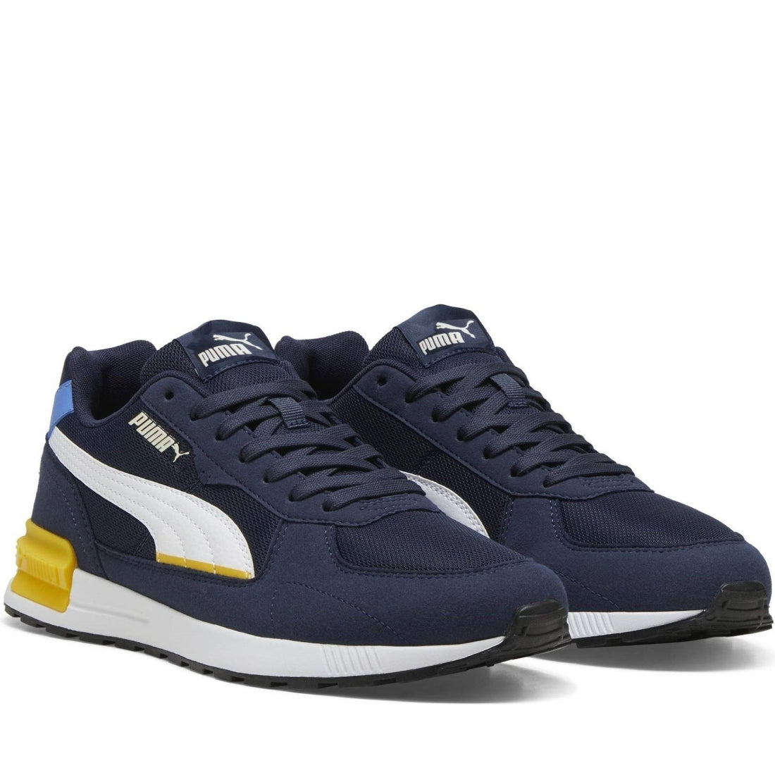 Puma mens navy white yellow graviton leisure trainers | Vilbury London