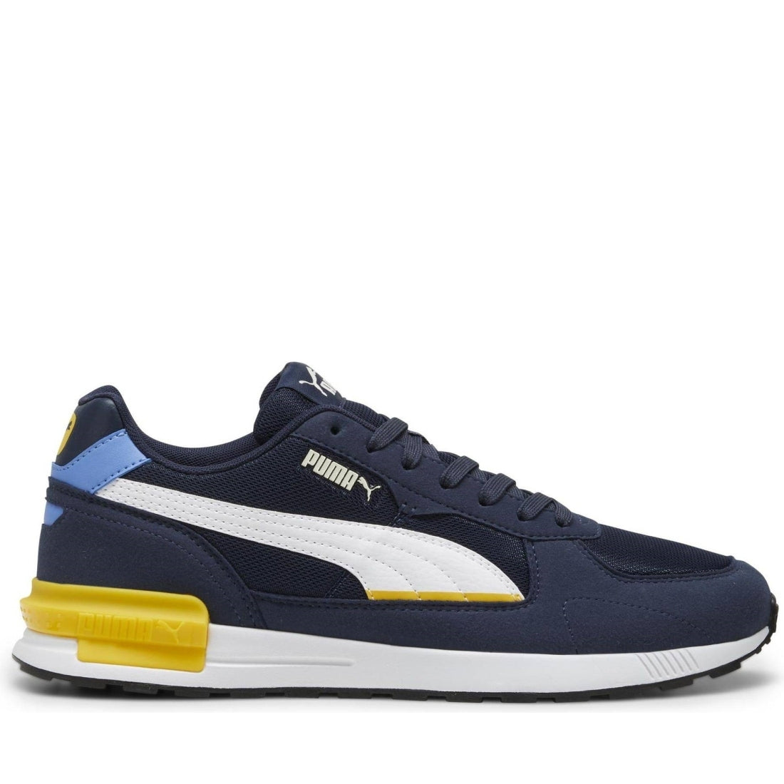 Puma mens navy white yellow graviton leisure trainers | Vilbury London