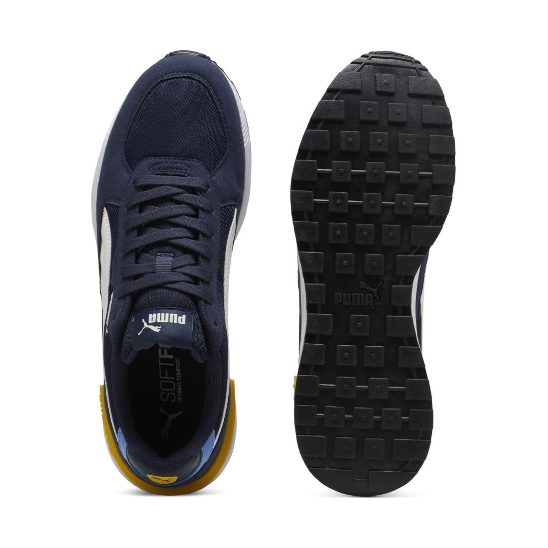 Puma mens navy white yellow graviton leisure trainers | Vilbury London