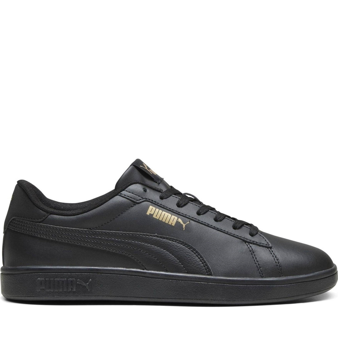 Puma mens black gold black smash 3.0 leisure trainers | Vilbury London