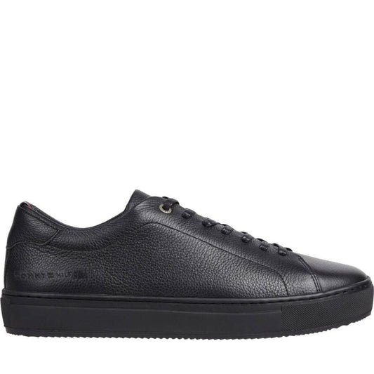 Tommy Hilfiger mens black premium grained leisure trainers | Vilbury London