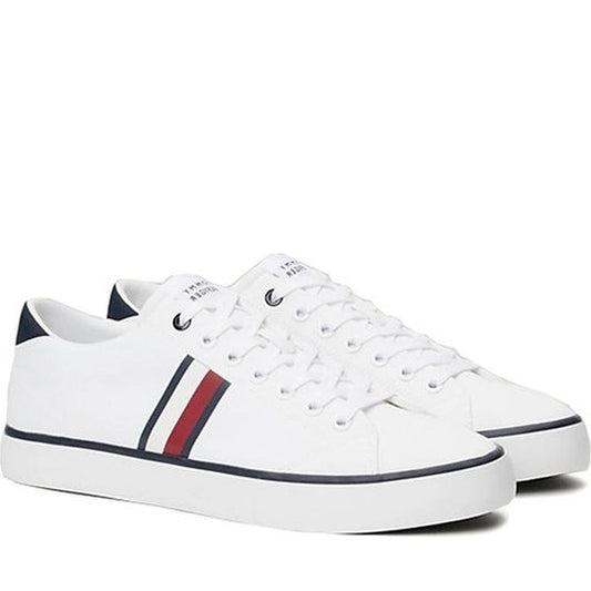 Tommy Hilfiger mens white vulc low stripes mesh leisure trainers | Vilbury London