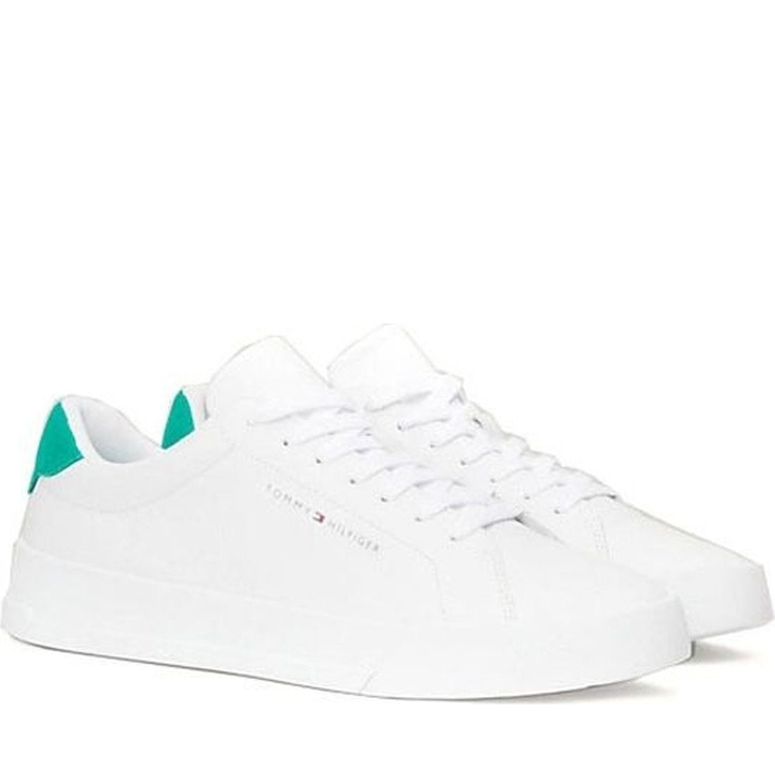 Tommy Hilfiger mens white, olympic green court leisure trainers | Vilbury London