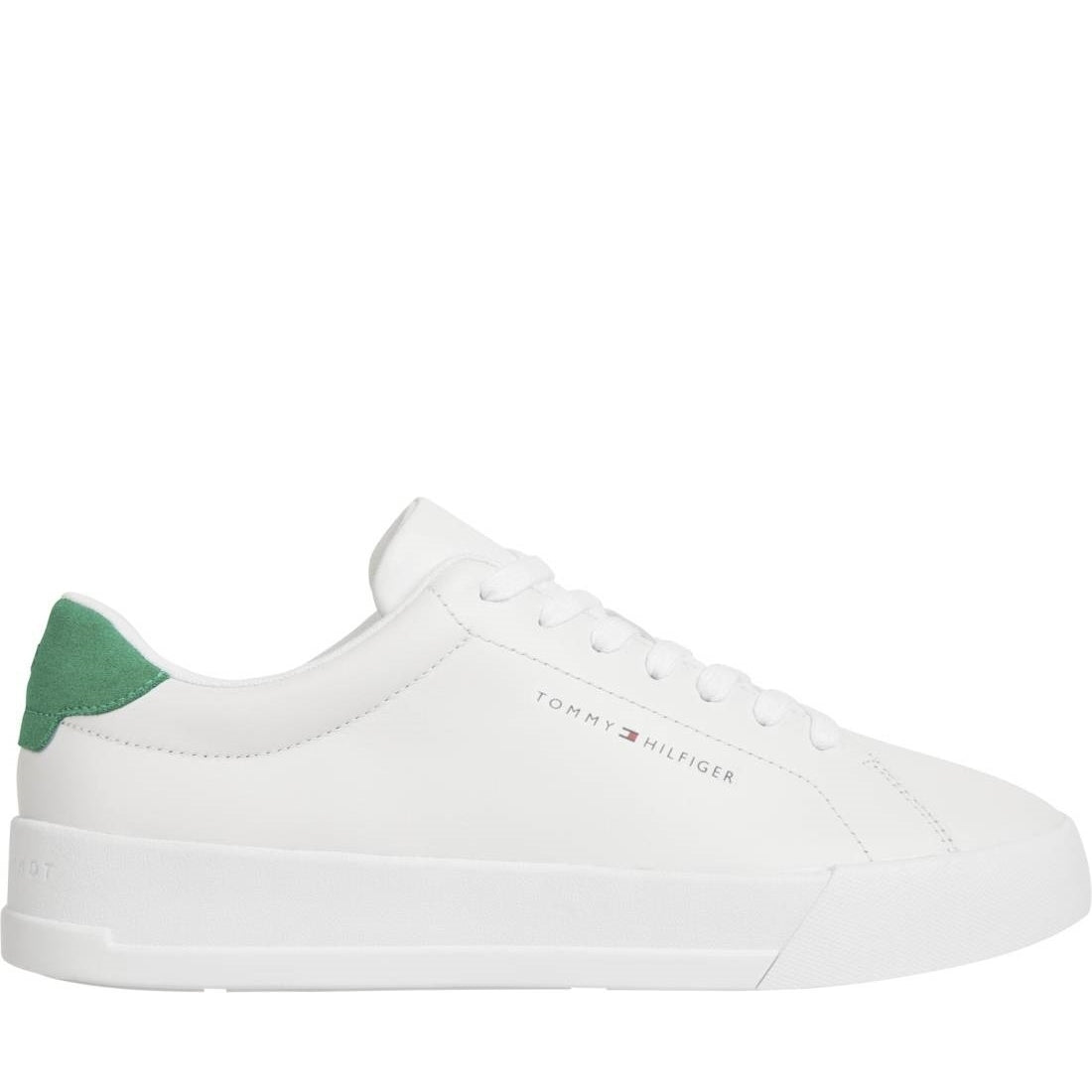 Tommy Hilfiger mens white, olympic green court leisure trainers | Vilbury London