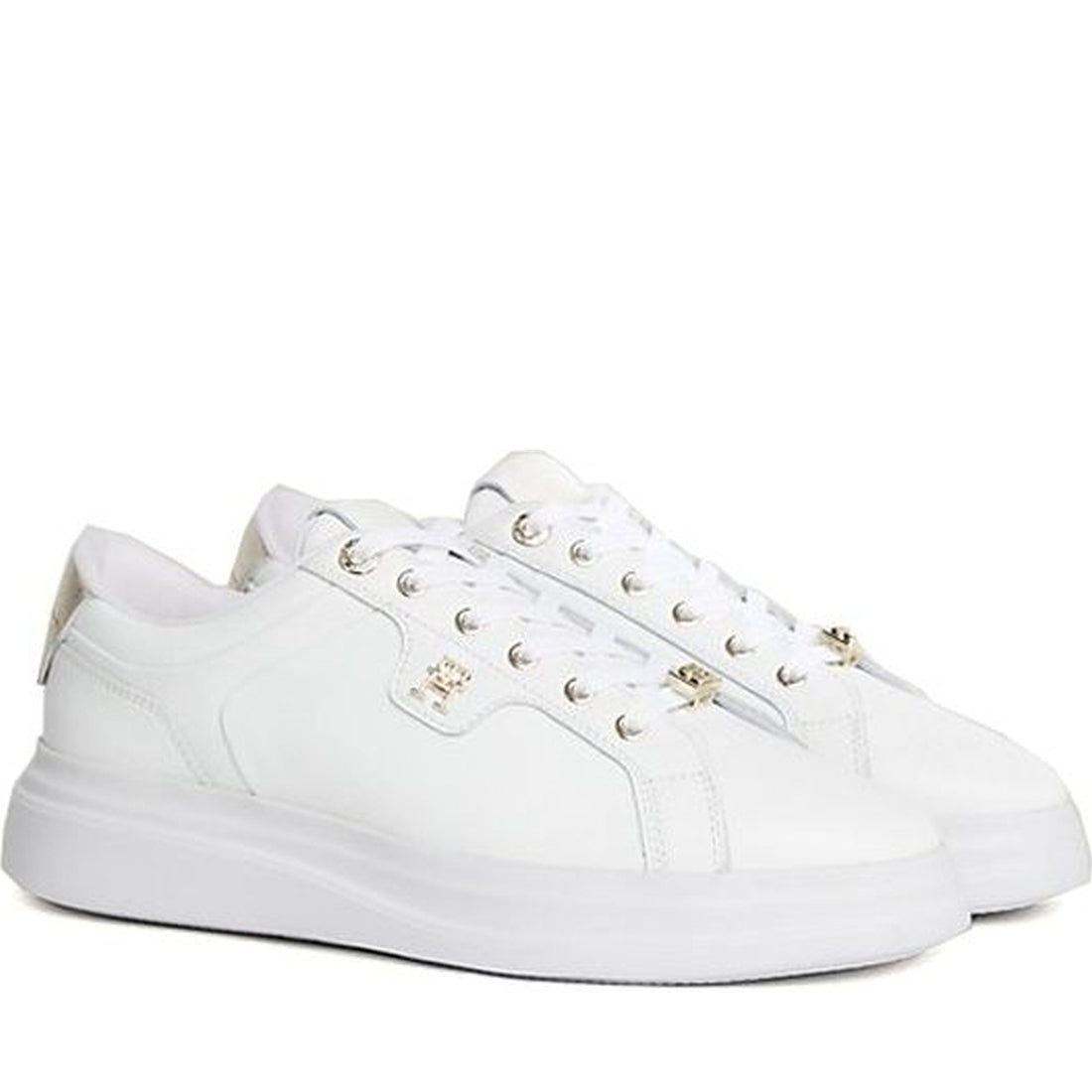 Tommy Hilfiger womens white, gold pointy court sneaker hardware | Vilbury London