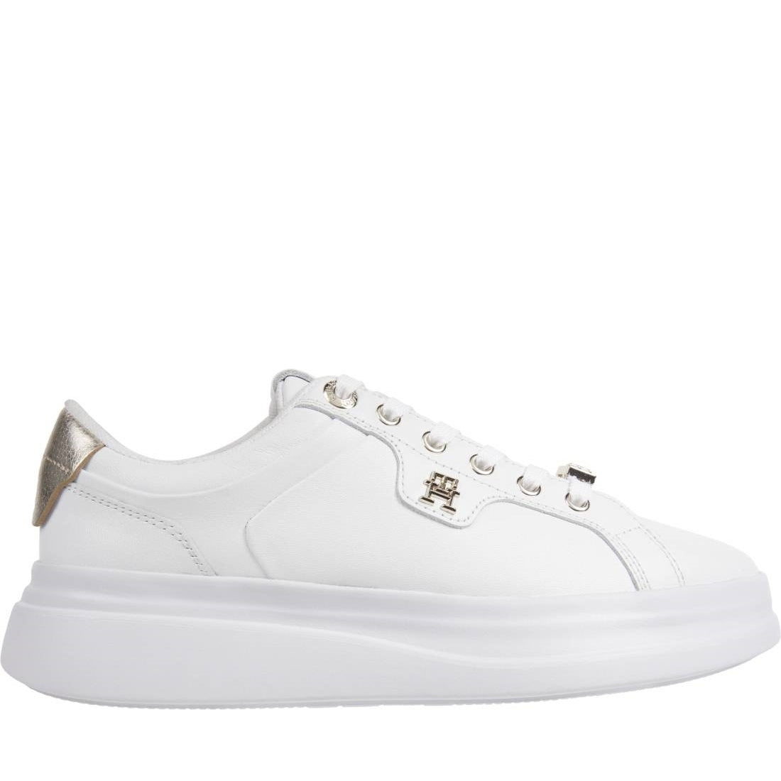 Tommy Hilfiger womens white, gold pointy court sneaker hardware | Vilbury London