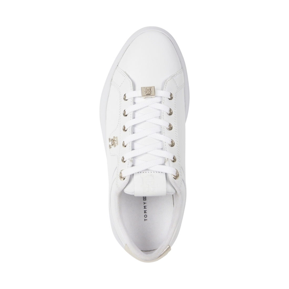 Tommy Hilfiger womens white, gold pointy court sneaker hardware | Vilbury London