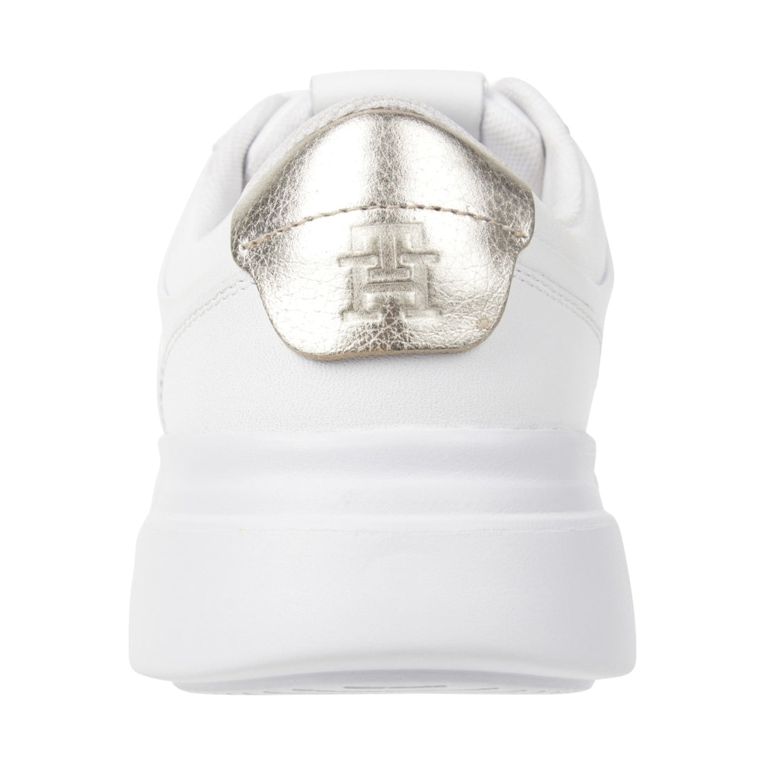 Tommy Hilfiger womens white, gold pointy court sneaker hardware | Vilbury London