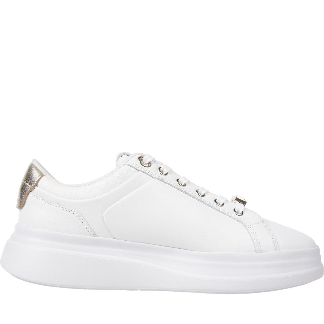 Tommy Hilfiger womens white, gold pointy court sneaker hardware | Vilbury London