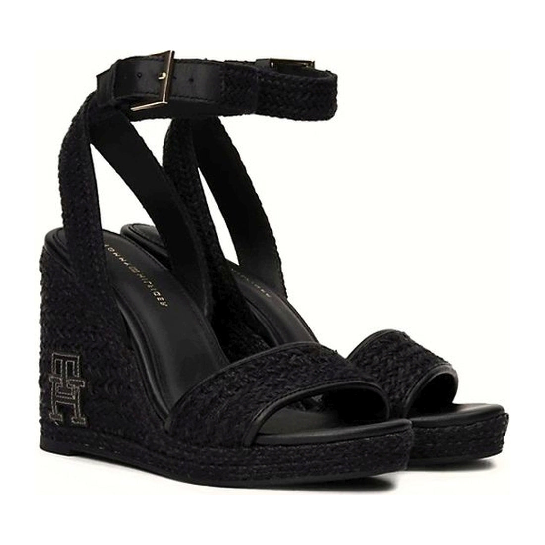 Tommy Hilfiger womens black rope high wedge sandal | Vilbury London