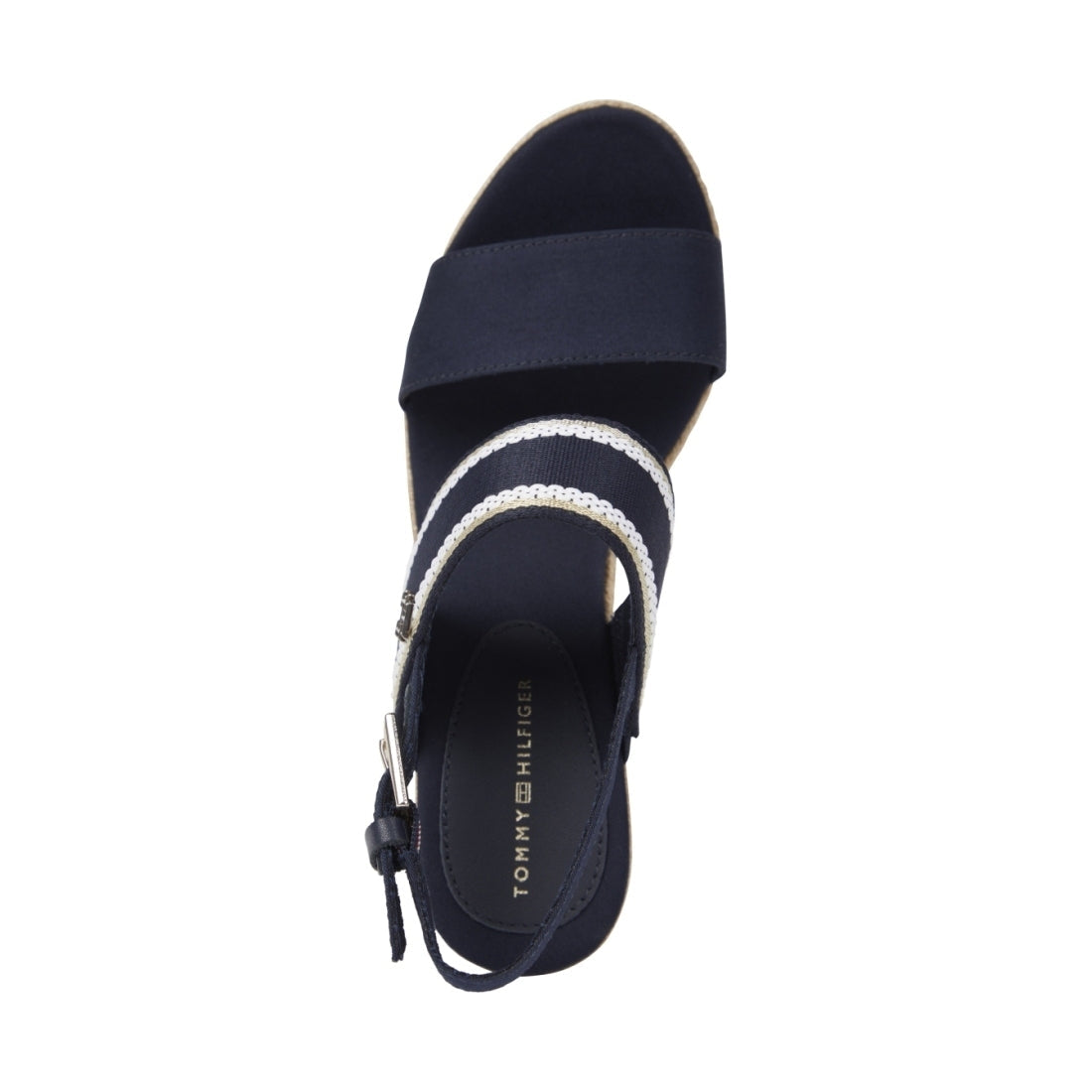 Tommy Hilfiger womens space blue webbing high wedge sandal | Vilbury London