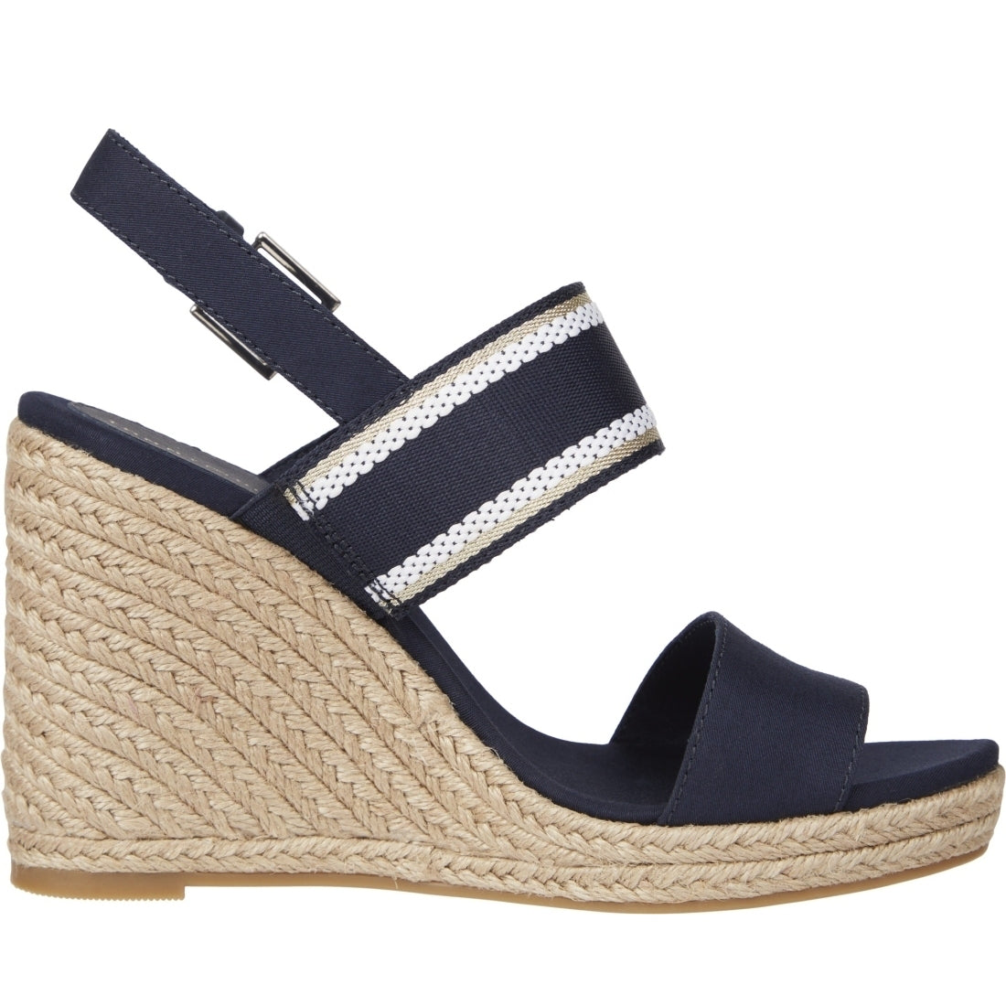 Tommy Hilfiger womens space blue webbing high wedge sandal | Vilbury London