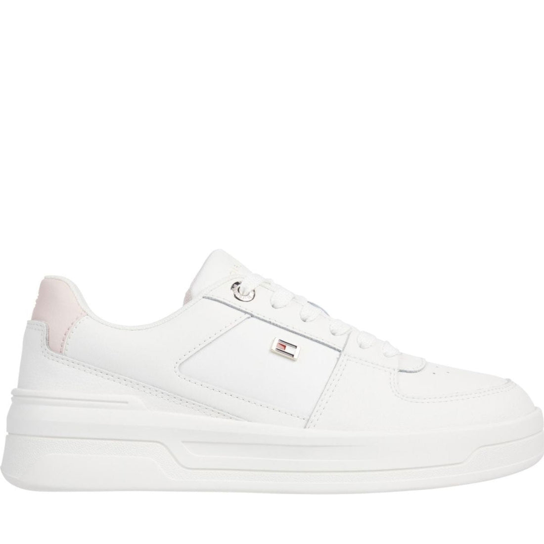 Tommy Hilfiger womens ecru, whimsy pink flag basket sneaker | Vilbury London