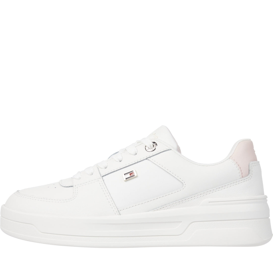 Tommy Hilfiger womens ecru, whimsy pink flag basket sneaker | Vilbury London