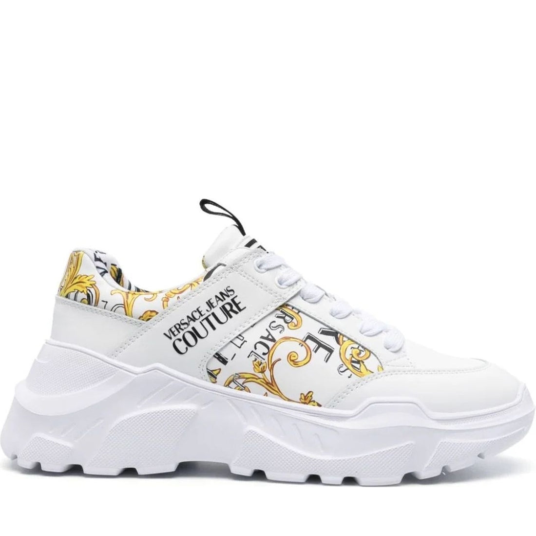 Versace Jeans Couture mens white, gold fondo speedtrack sneakers | Vilbury London