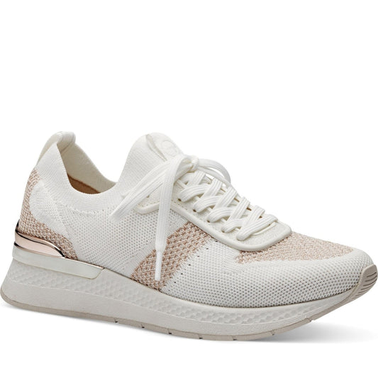 Tamaris womens wht, rose gold leisure trainers | Vilbury London