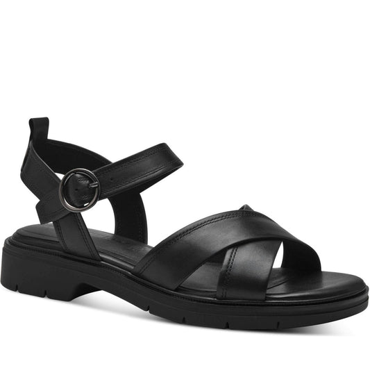 Tamaris womens black leather casual open sandals | Vilbury London