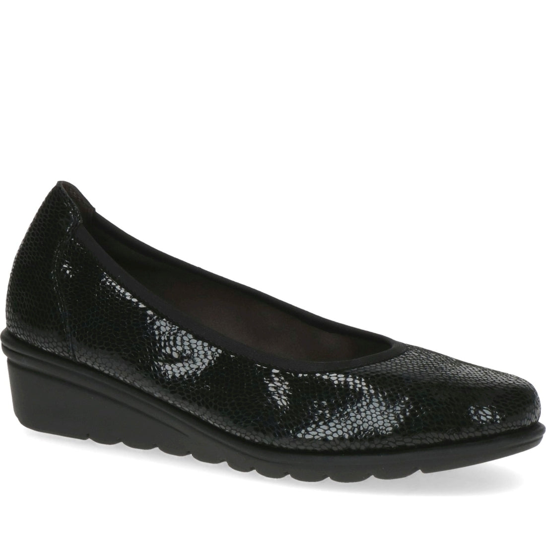 Caprice womens black reptile casual closed ballerinas | Vilbury London