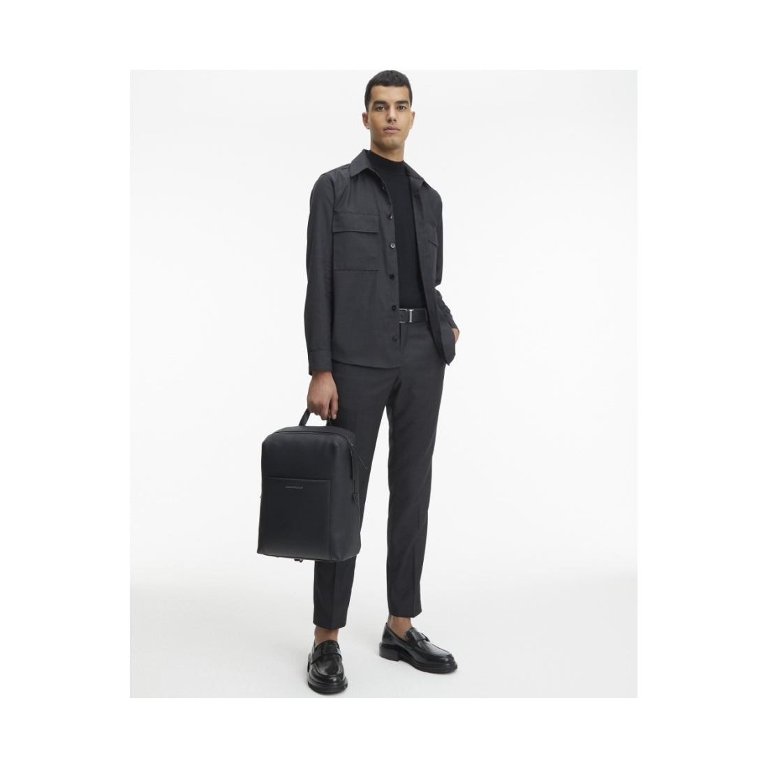 Calvin Klein mens black modern metal squared backpack | Vilbury London