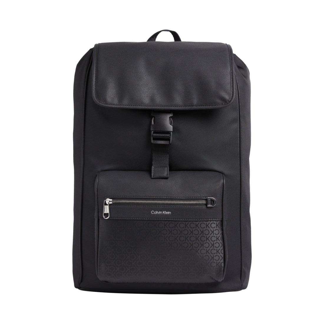 Calvin Klein mens mono black elevated flap backpack | Vilbury London