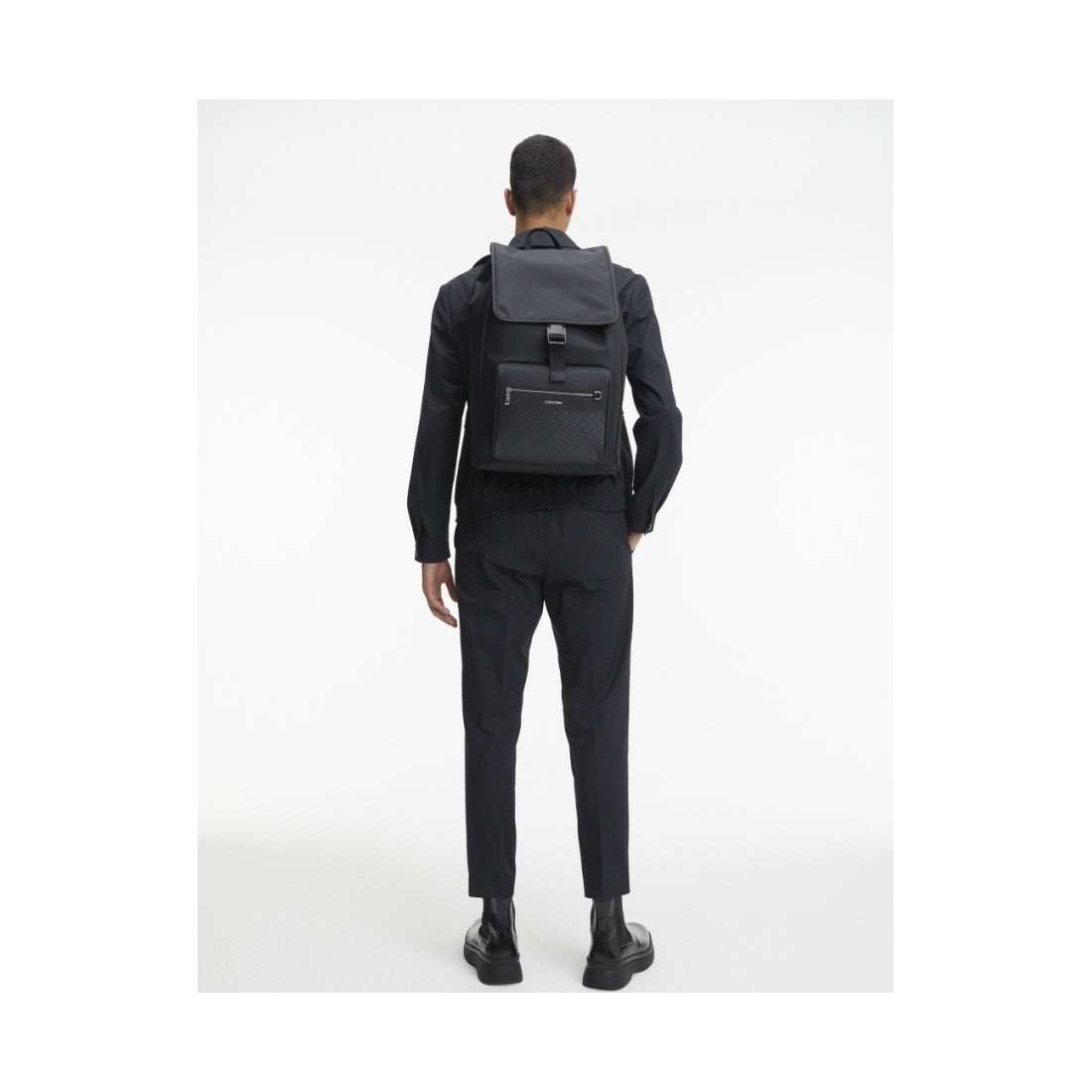 Calvin Klein mens mono black elevated flap backpack | Vilbury London