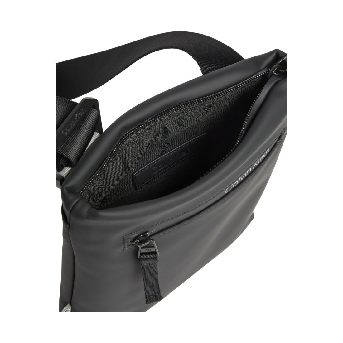 Calvin Klein mens black rubberized flatpas crossbody | Vilbury London