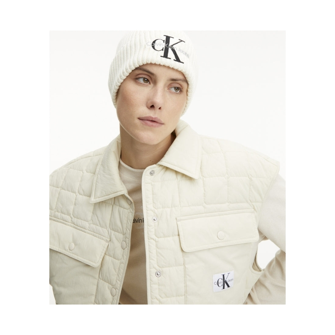 Calvin Klein Jeans womens bright white monogram beanie | Vilbury London