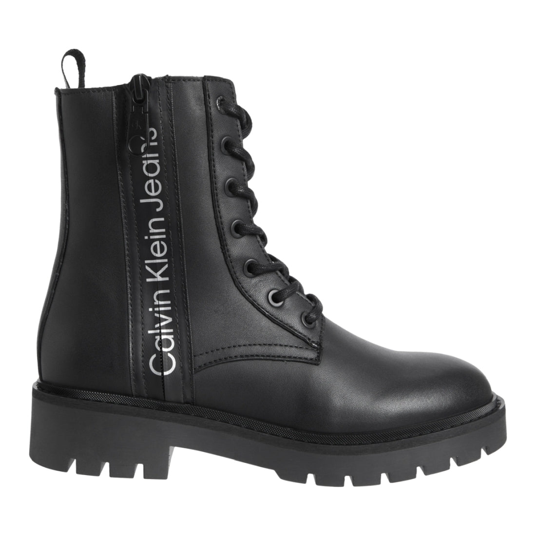 Calvin Klein Jeans womens black, silver combat laceup boot zip | Vilbury London