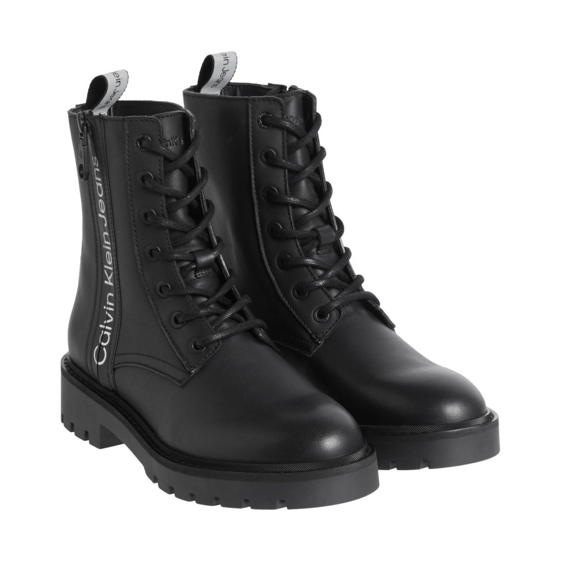 Calvin Klein Jeans womens black, silver combat laceup boot zip | Vilbury London