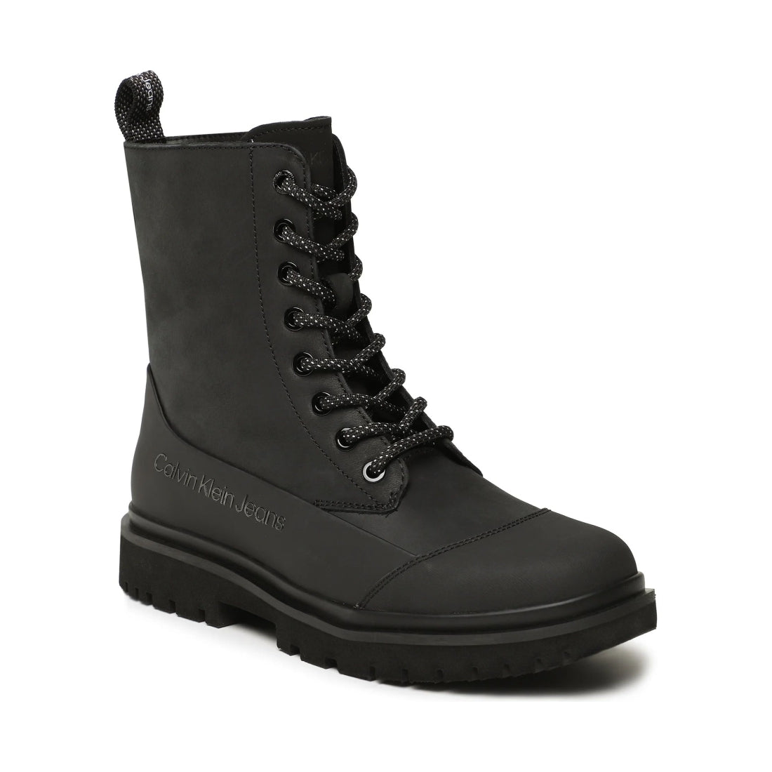 Calvin Klein Jeans womens triple black chunky combat laceup boot | Vilbury London